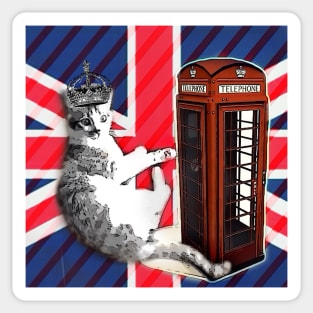 1980s dark academia uk union jack flag london telephone booth funny royal kitty cat Sticker